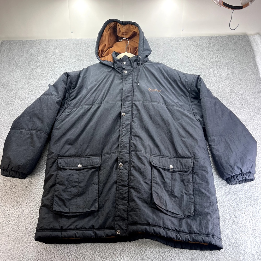 Vtg 90s Nike Puffer Jacket Big Swoosh Coat Black Hooded Men's XXL Embroider Air
